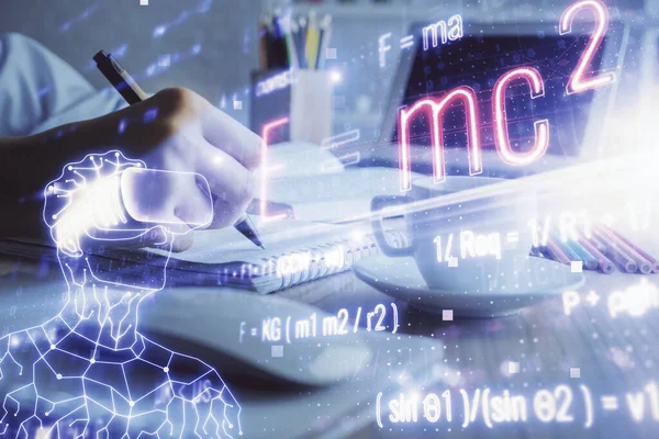 Wetenschapsformule hologram over vrouwenhanden neemt notities achtergrond. Concept van studie. Dubbele blootstelling — Stockfoto