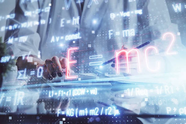 Science formula hologram over womans hands taking notes background. Concept of study. Double exposure — Stock Photo, Image