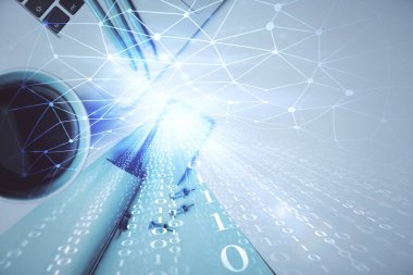 Bilgisayarlı çalışma masası arkaplanının üst görüntüsü üzerinde hologram çizimi yapılan çok sayıdaki veriye maruz kalma. Teknoloji kavramı.