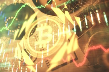 Kripto tema çiziminin çoklu pozu ve çalışma masası üst veiw. İş dünyasındaki engelleme teknolojisi kavramı.