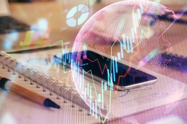 Ön plan çizimi ve cep telefonu arkaplanı çift pozlama. Finansal ticaret kavramı