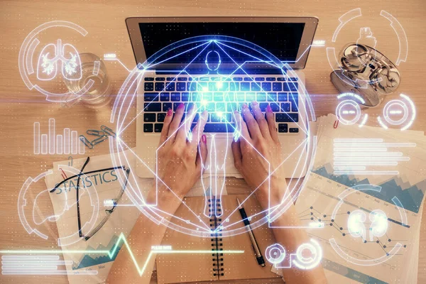 Double exposure of woman hands working on computer and education theme hologram drawing. Top View. Science concept. — Stock Photo, Image
