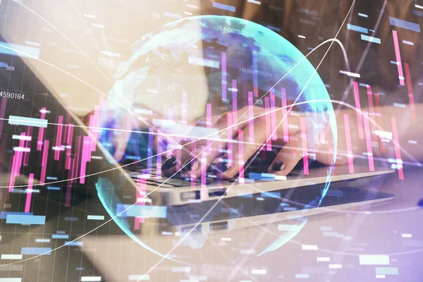 Double exposure of woman hands typing on computer and forex chart hologram drawing. Stock market invest concept. — Stock Photo, Image