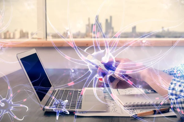 Double exposure of mans hands holding and using a phone and neuron drawing. Education concept. — Stock Photo, Image