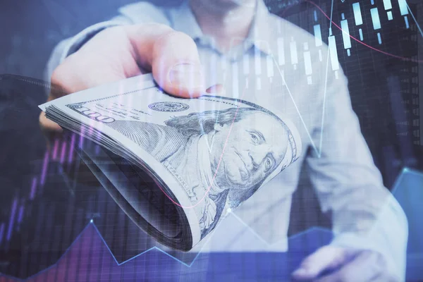 Multi blootstelling van de financiële grafiek tekenen hologram en Amerikaanse dollars rekeningen en man handen. Analyse concept. — Stockfoto