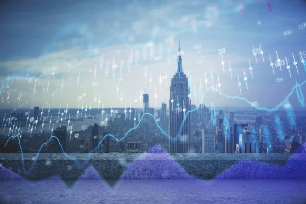 Forex graph on city view with skyscrapers background multi exposure. Financial analysis concept. — Stock Photo, Image