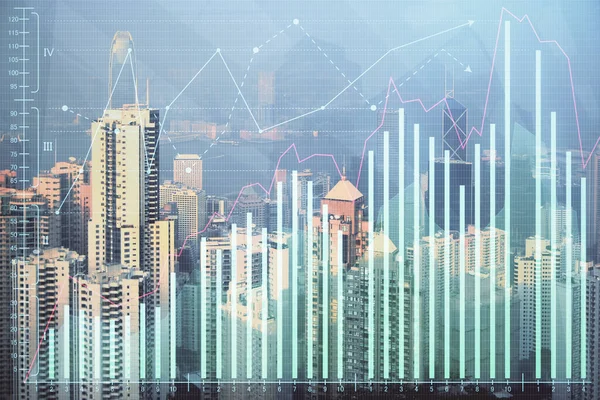 Forex grafiek op stadsgezicht met wolkenkrabbers behang dubbele belichting. Begrip financieel onderzoek. — Stockfoto