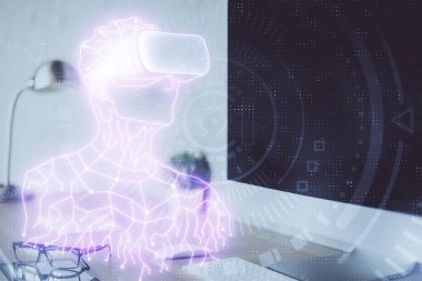 AR tema simgesi olan bilgisayar masaüstünde. Çoklu maruz kalma. Artırılmış gerçeklik kavramı.