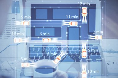 Otomobil hologramı çizimi olan masaüstü bilgisayar arkaplanı. Çoklu maruz kalma. Teknoloji kavramı.