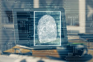 Ofisteki bilgisayarın parmak izi çizimi. Çifte maruziyet. İş veri güvenliği kavramı.