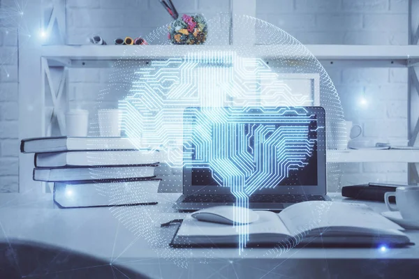 Double exposure of work table with computer and brain sketch hologram. Brainstorming concept. — Stock Photo, Image