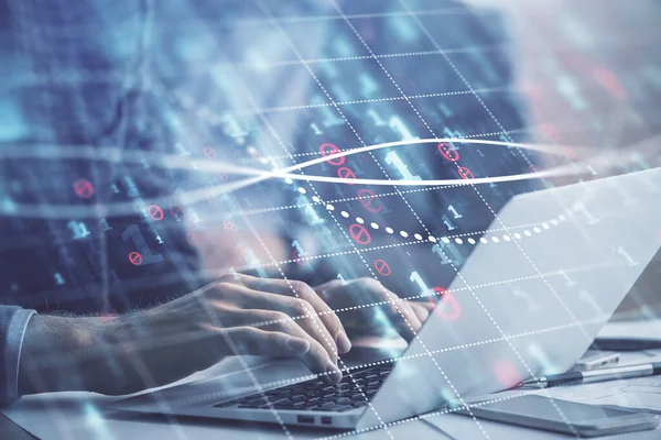 Double exposure of market chart with man working on computer on background. Concept of financial analysis. — Stock Photo, Image