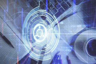 Çalışma masası arkaplanının üstünde bilgisayarla hologram çizen veriye çifte maruz kalma. Ai kavramı.