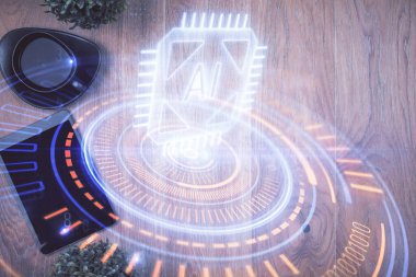 Çalışma masasının üzerine teknoloji teması çizimi çifte pozlama. Üst Manzara. Küresel veri analiz kavramı.