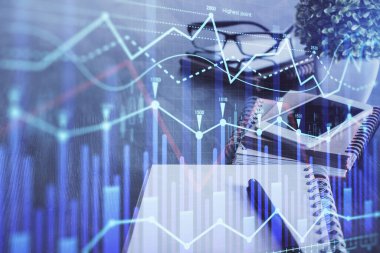 Ön plan çizimi ve cep telefonu arkaplanı çift pozlama. Finansal ticaret kavramı