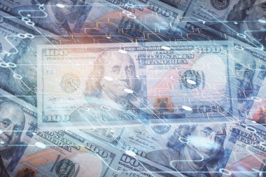 İki kez veri temasına maruz kalınca dolar banknotları arka planda kalıyor. Teknoloji konsepti.