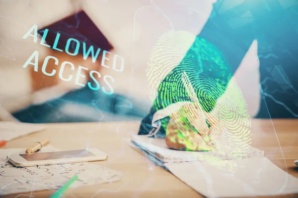 Double exposure of fingerprint drawing over people taking notes background. Concept of security — Stock Photo, Image