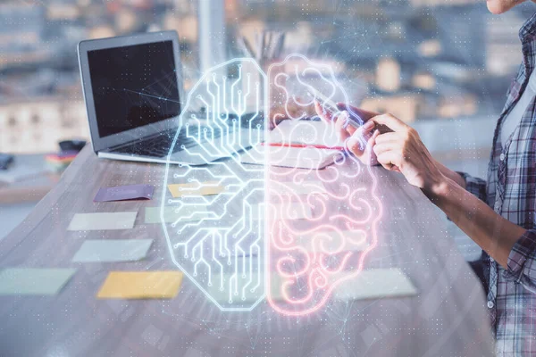 Multi exposición de las manos de la mujer que trabajan en el dibujo del holograma de la computadora y del cerebro humano. Concepto de tecnología Ai. — Foto de Stock