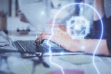 Bilgisayar ve beyin hologramı çizimleri üzerinde çalışan çok sayıda kadın eli var. Ai kavramı.