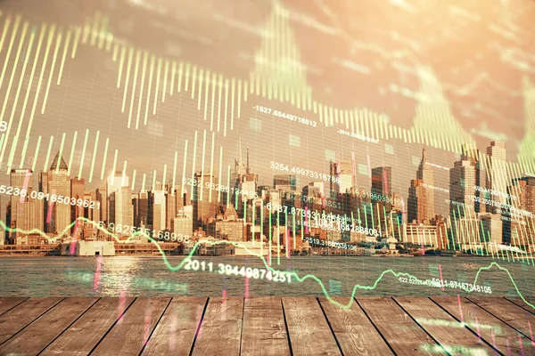 Forex-Graph auf Stadtansicht mit Wolkenkratzern Hintergrund Multi-Exposure. Finanzanalysekonzept. — Stockfoto