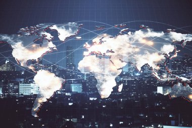 İş temalı hologram çizimine ve şehrin arka planına çifte maruz kalma. Başarı kavramı.