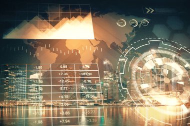 Yüksek binalar arka plan çok pozlama ile şehir scape mali grafik. Analiz kavramı.