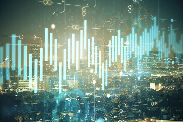 Yüksek binalar arka plan çok pozlama ile gece şehir scape mali grafik. Analiz kavramı. — Stok fotoğraf