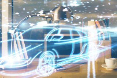 Otomobil hologramı çizimi olan masaüstü bilgisayar arkaplanı. Çoklu maruz kalma. Teknoloji kavramı.
