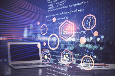 Bilgisayar ve teknoloji temalı çizimlere çifte maruz kalma. Yenilik kavramı.