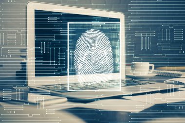 Ofisteki bilgisayarın parmak izi çizimi. Çifte maruziyet. İş veri güvenliği kavramı.