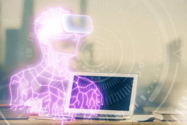 AR tema simgesi olan bilgisayar masaüstünde. Çoklu maruz kalma. Artırılmış gerçeklik kavramı.