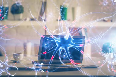 Masaüstü bilgisayar arkaplanı ve nöron çizimi. Çifte maruziyet. Eğitim kavramı.