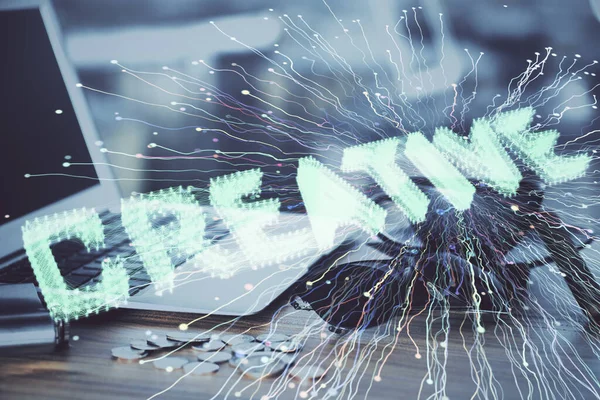 Equipo de escritorio fondo en la oficina y poner en marcha el tema del holograma de dibujo. Doble exposición. Concepto de inicio. — Foto de Stock