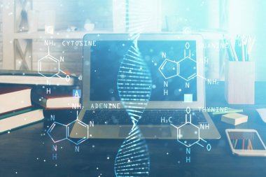 Masaüstü bilgisayar arkaplanı ve DNA çizimi. Çifte maruziyet. Bilim konsepti.