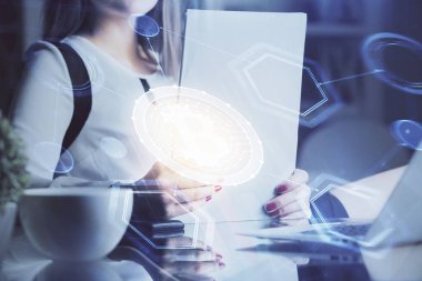Şifreli para hologramı, kadınların el yazısı üzerine. Engelleme zinciri kavramı. Çift pozlama