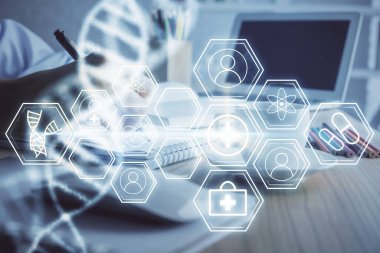 Kadınların el yazısı üzerine DNA temalı hologram. Eğitim kavramı. Çift pozlama