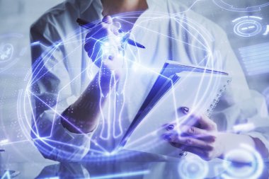 Eğitim temalı hologram, kadınların el yazısı üzerine. Öğrenim anlayışı. Çift pozlama