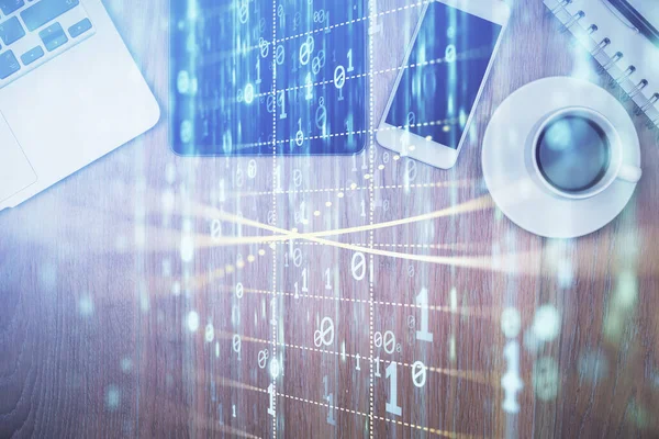 Doble exposición de la tecnología tema dibujo sobre escritorio de mesa de trabajo. Vista superior. Concepto de análisis global de datos. —  Fotos de Stock