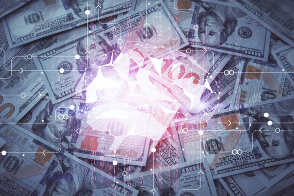 Двойное воздействие рисунка мозга на фоне банкнот за доллары. Технологическая концепция. — стоковое фото