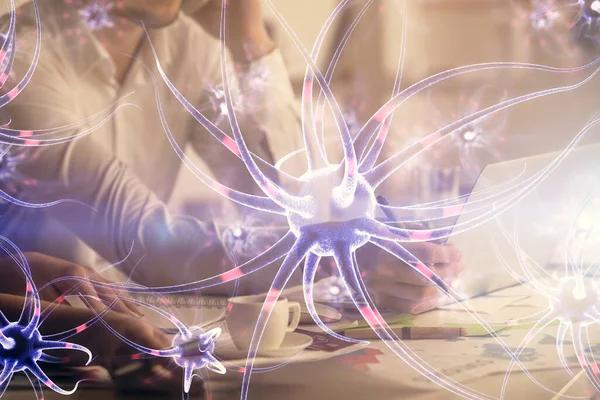 Double exposition de l'homme et de la femme travaillant ensemble et dessin d'hologramme de neurone. Concept d'éducation. Fond informatique . — Photo