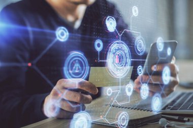 Dijital bir cihaz ve veri temalı çizim kullanarak erkeklerin el ele tutuşması. Yenilik kavramı.