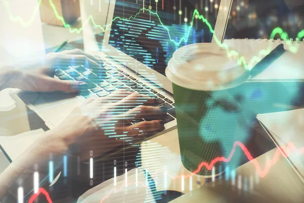 Double exposure of woman hands typing on computer and forex chart hologram drawing. Stock market invest concept. — Stock Photo, Image