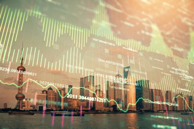 Gökdelenler arka planda çift pozlama ile şehir görünümünde eski grafik. Mali analiz kavramı.