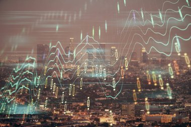 Yüksek binalar arka plan çift pozlama ile gece şehir scape mali grafik. Analiz kavramı.