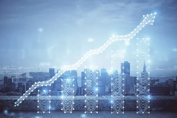 Grafico Forex sulla vista della città con grattacieli sfondo multi esposizione. Concetto di analisi finanziaria. — Foto Stock