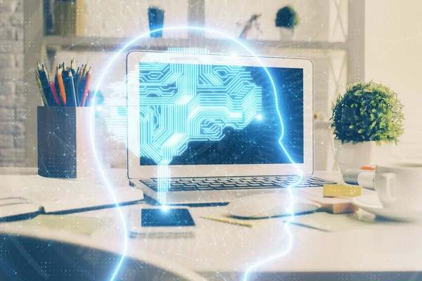 Dupla exposição do espaço de trabalho com holograma de desenho de computador e cérebro humano. Conceito de brainstorm. — Fotografia de Stock