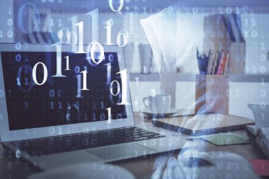 Bilgisayarın arka plan ve teknoloji temalı çizimlerine çoklu maruz kalma. Yenilik kavramı.