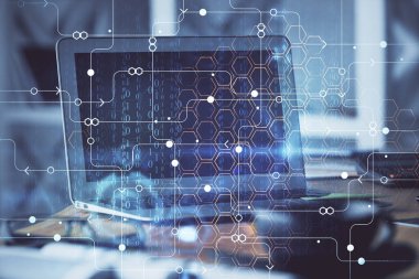 Bilgisayarın arka plan ve teknoloji temalı çizimlerine çoklu maruz kalma. Yenilik kavramı.