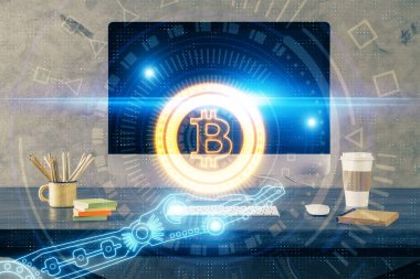 Blockchain temalı holograma ve bilgisayar arkaplanlı masaya çoklu maruz kalma. Bitcoin şifreleme para birimi kavramı.
