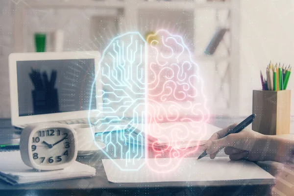 Multi blootstelling van het schrijven van de hand op de achtergrond met hersenen hologram. Begrip leren. — Stockfoto